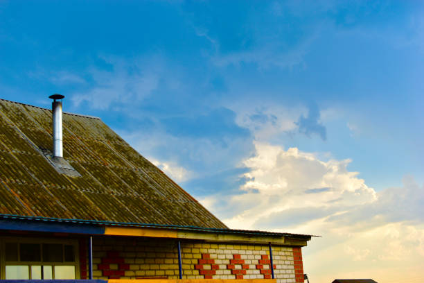 Houses and trees with blue clouds before a thunderstorm