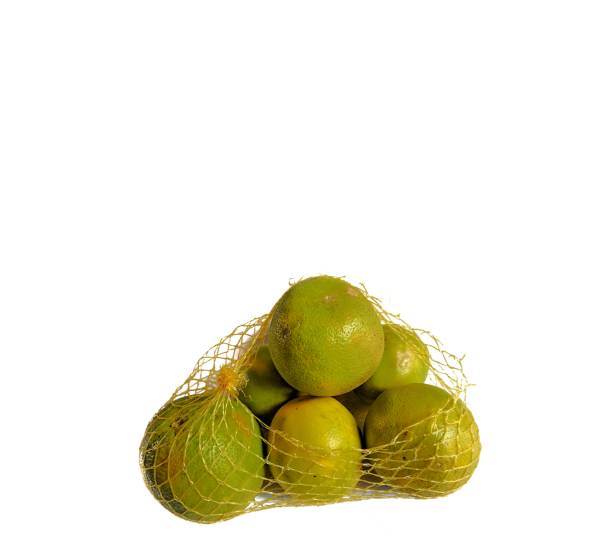 istock Organic oranges in a net on white background. healthy food concept 1257469541