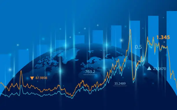 Vector illustration of Earth Globe with graphics and charts. World business and economics concept. Stock market, forex and world investment. Financial investment and economic trends. Vector illustration