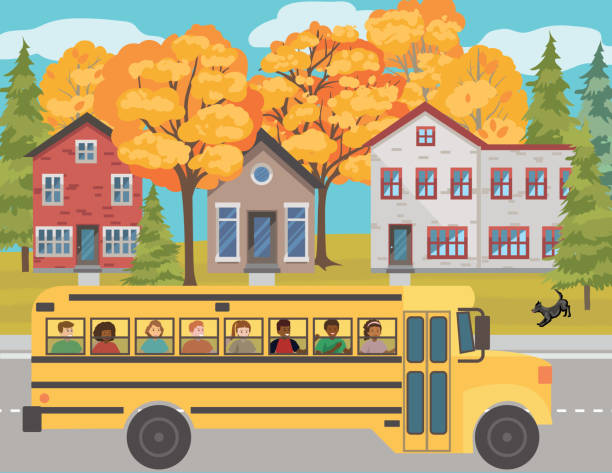 학교 버스에 점점 아이들 - bus child waiting education stock illustrations