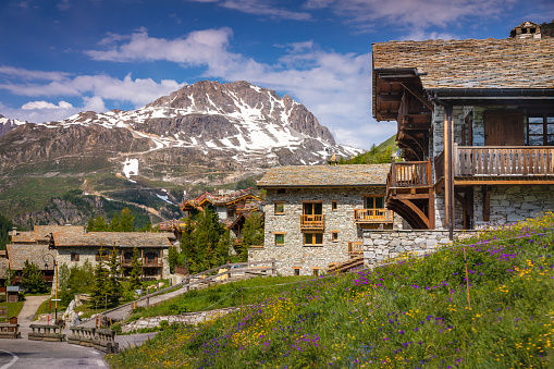 Switzerland nature and travel. Scenic traditional village Murren surrounded by snow peaks of Alps mountains. Popular tourist destination and ski resort