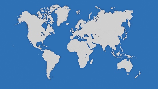 World map in white over blue, with slight volume shadow. Digital 3D render.