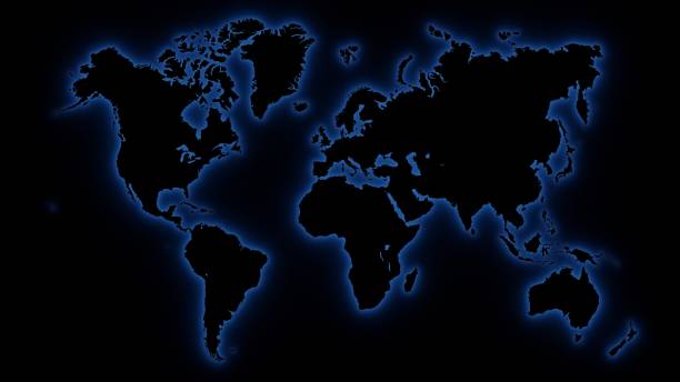 istock World map in blue neon on black, geopolitics concept, war room. Digital 3D render. 1257478955