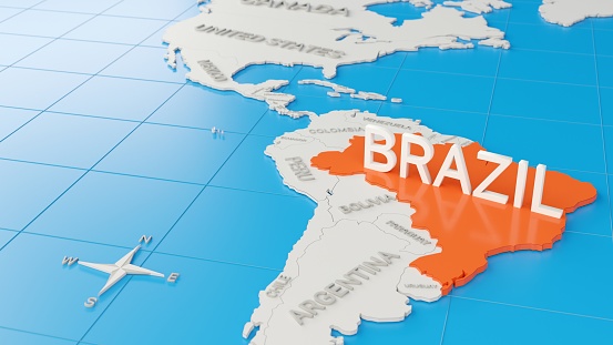 Simplified 3D map of South America, with Brazil highlighted. Digital 3D render.