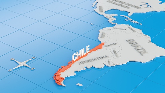 Simplified 3D map of South America, with Chile highlighted. Digital 3D render.
