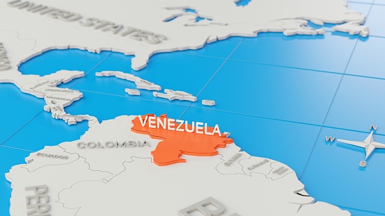 Simplified 3D map of South America, with Venezuela highlighted. Digital 3D render.