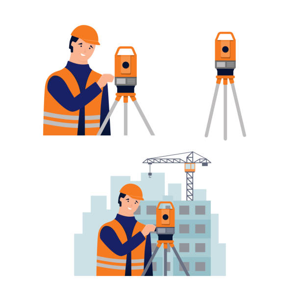 Surveyor, cadastral engineer, cartographer and theodolite. Surveyor, cadastral engineer, cartographer and theodolite. Set of vector illustration in flat style on white background tacheometer stock illustrations