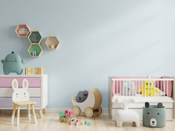 istock Mockup wall in the children's room on wall blue colors background. 1257484792