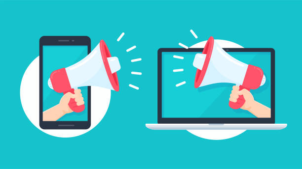 Megaphone reaching out from the smartphone and laptop screen to shout alerts for product promotions. Megaphone reaching out from the smartphone and laptop screen to shout alerts for product promotions. megaphone icons stock illustrations