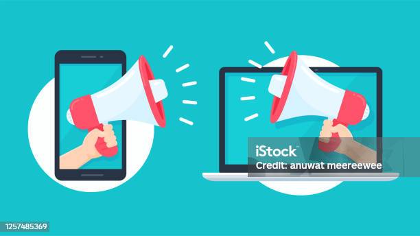 Megaphone Reaching Out From The Smartphone And Laptop Screen To Shout Alerts For Product Promotions Stock Illustration - Download Image Now