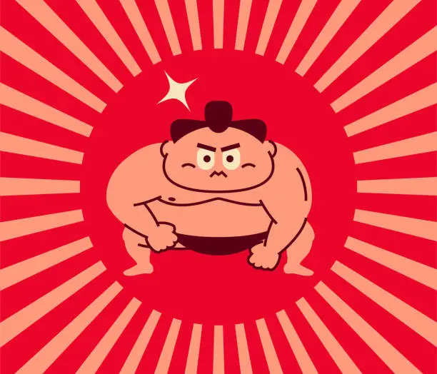 Vector illustration of Sumo wrestler crouching, one fist on the floor, glaring at you