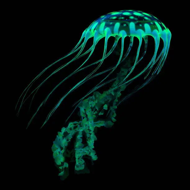 A glowing spotted jellyfish flows through the dark ocean with bioluminescent colors searching for prey.