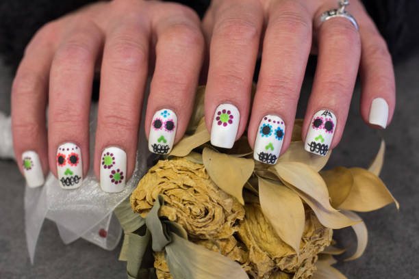 sugar skull nail art design - color image halloween people elegance photos et images de collection