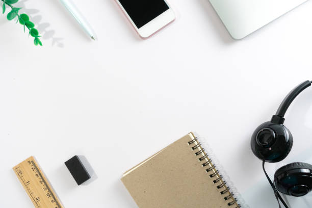 istock Flat lay, top view office table desk. Workspace with blank copy space supplies decorate as frame on white or color pastel background. 1257496930