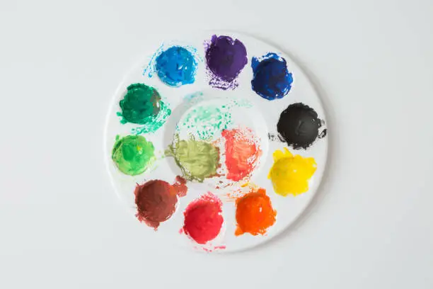 Photo of Top view of Colorful Watercolor palette on a white background
