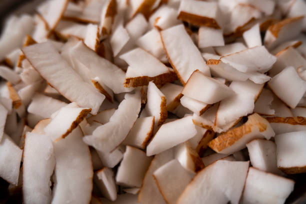 a top view of fresh coconut fibrous slices group