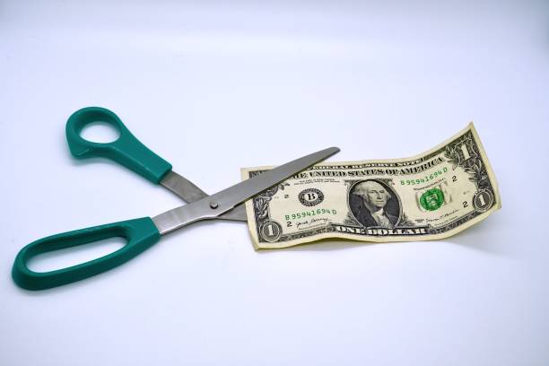 istock Scissors cutting costs with a dollar bill 1257499424