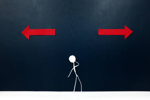 istock Human stick figure choosing between red left or right arrows cutout. Dilemma and decision making concept. 1257499480