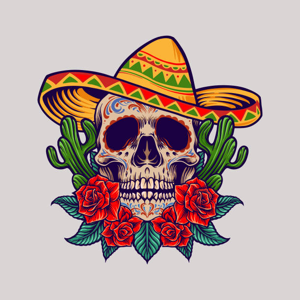 ilustrações de stock, clip art, desenhos animados e ícones de cinco de mayo  mexican skull logo mascot for party merchandise and clothing line - cheerful cactus