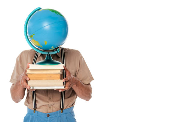Nerd holding books and globe near face isolated on white