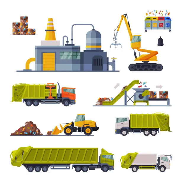 Vector illustration of Industrial Garbage Recycling Set, Waste Processing Factory, Garbage Truck, Garbage Collection, Transportation, Separation and Recycling Flat Vector Illustration
