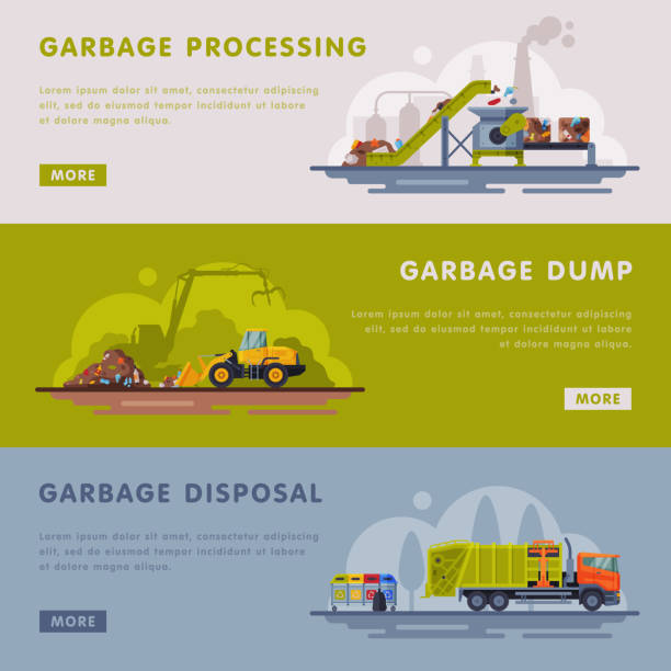 ilustrații de stoc cu garbage processing, dump, eliminare landing page templates set, fabrica de procesare a deșeurilor, ilustrație vectorială de reciclare a gunoiului industrial - haldă de deşeuri