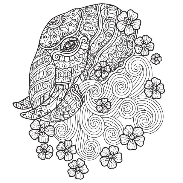 doodle Elephant and flower s adult coloring page, Illustration style. Hand drawn sketch illustration for adult coloring book vector was made in eps 10. sketches of elephants background stock illustrations