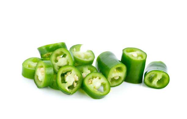 istock Green hot chili peppers sliced isolated on white 1257515707