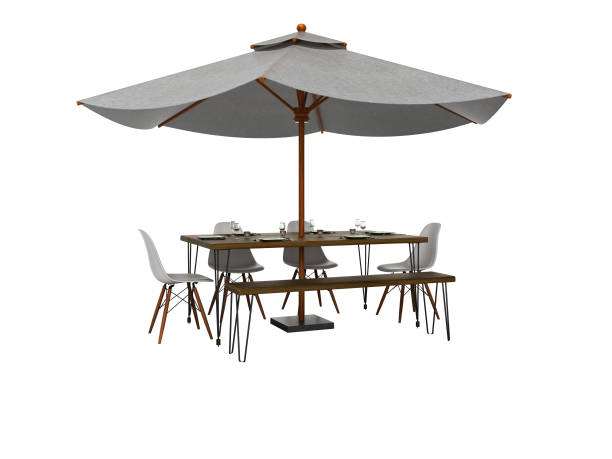 istock White umbrella for restaurant on central support with table 3D render on white background no shadow 1257516523