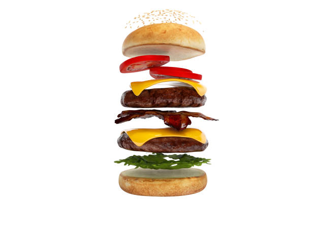 istock Concept of creating hamburger in layers 3d render illustration on white background no shadow 1257516655