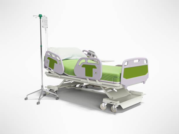 istock Concept green hospital bed semi automatic with remote control and drip on tripod 3d render on gray background with shadow 1257516668