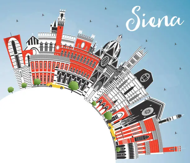 Vector illustration of Siena Tuscany Italy City Skyline with Color Buildings, Blue Sky and Copy Space.