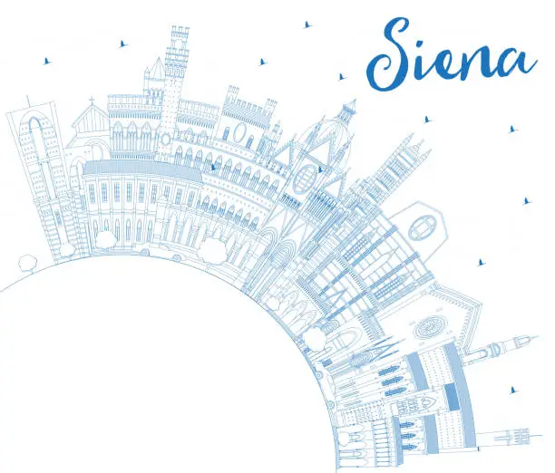 Vector illustration of Outline Siena Tuscany Italy City Skyline with Blue Buildings and Copy Space.