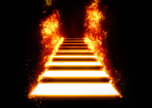 istock 3D illustration of an abstract staircase wrapped in flames 1257520637