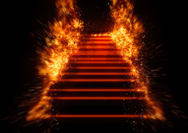 istock 3D illustration of an abstract staircase wrapped in flames 1257520656