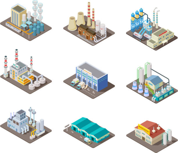 Isometric factory set. 3d industrial buildings, power plant and warehouse. Isolated vector collection Isometric factory set. 3d industrial buildings, power plant and warehouse. Isolated vector collection. Industrial factory and warehouse, industry 3d manufacture production illustration isometric factory stock illustrations