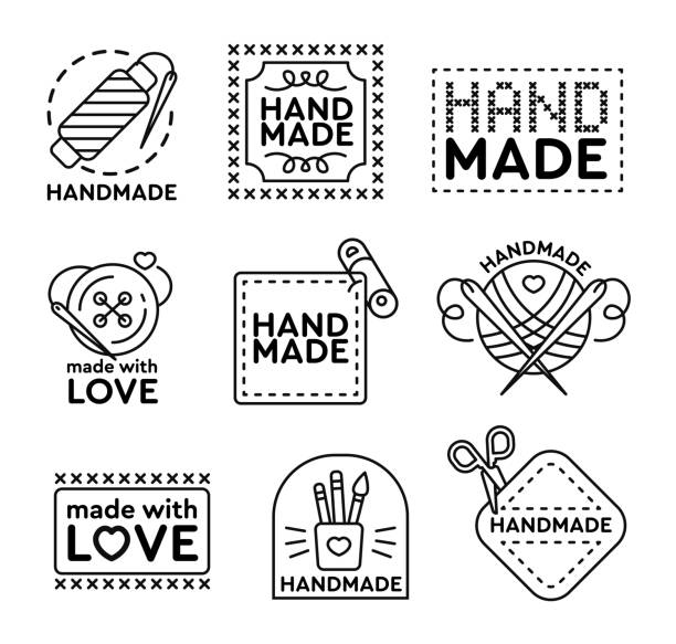 ilustrações de stock, clip art, desenhos animados e ícones de handmade badges set - sewing needlecraft product needle backgrounds
