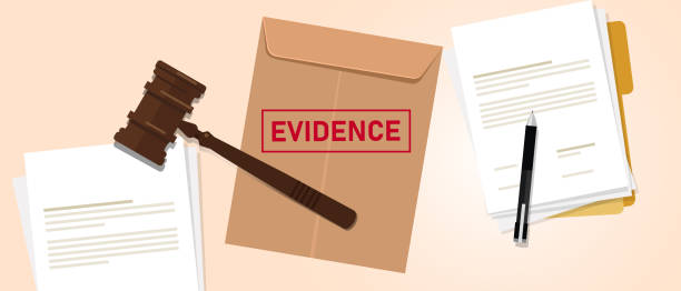 ilustraciones, imágenes clip art, dibujos animados e iconos de stock de evidencia estampada en el concepto de prueba de sobre marrón en el tribunal de justicia - juicio