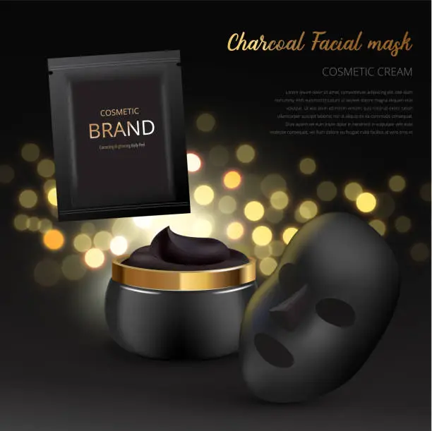 Vector illustration of Cosmetic package or woman face cream premium product advertising vector template design. Skincare moisturizer black luxury tube and jar on golden sparkling background with light blur effect. Black mask and plastic sachet.