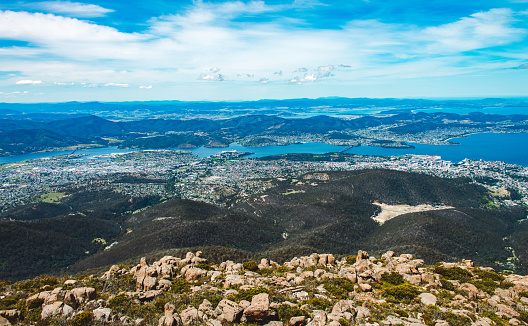View from top of Mt.Wellington overlooking Hobart city, Tasmania island, Australia.