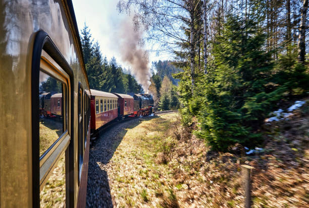 retro-dampflokomotive mit waggons fährt durch den harz. dynamik durch bewegungsunschärfe. - berg brocken stock-fotos und bilder