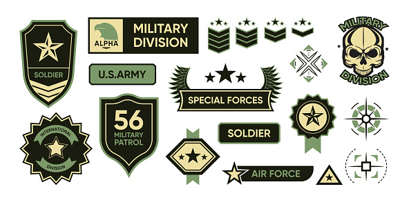 Army patches set. Military insignias, soldier camouflage badges, USA force emblems. Isolated vector illustrations with text, shield, stars, wings, targets