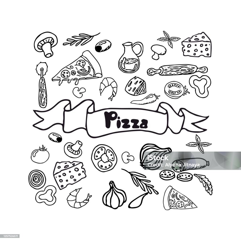 Pizza e ingredienti italiani. Modello di design del menu alimentare italiano. Modello di design del menu pizzeria. Illustrazione vettoriale di sketch disegnata a mano vintage. Immagine incisa. - arte vettoriale royalty-free di Pizza