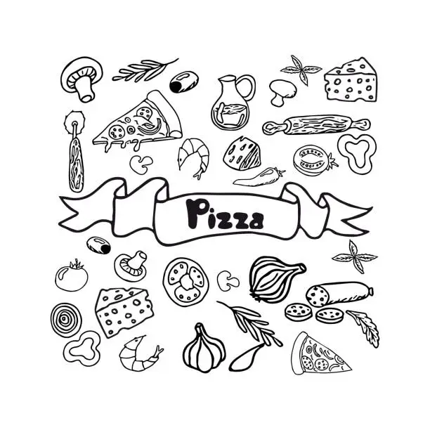 Vector illustration of Italian pizza and ingredients. Italian food menu design template. Pizzeria menu design template. Vintage hand drawn sketch vector illustration. Engraved image.