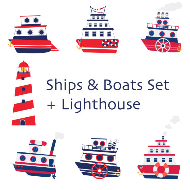 Set of cute retro boats and lighthouse Set of cute retro boats and lighthouse made in flat design. Red and blue colored isolated elements on white background. sail boat clipart pictures stock illustrations