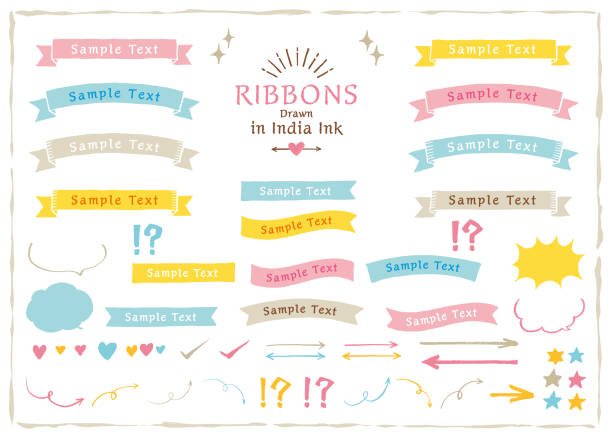 Ribbons drawn in India ink / Colorful Ribbons drawn in India ink / Colorful ribbon sewing item stock illustrations