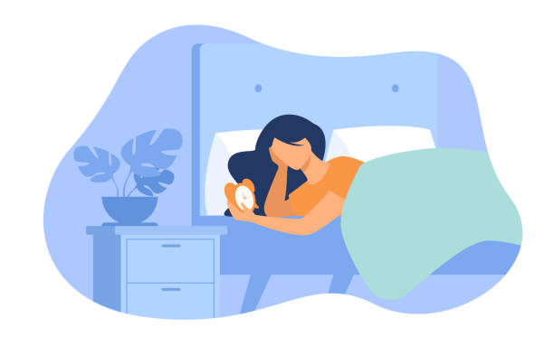Sleepless woman lying in bed and looking at alarm clock Sleepless woman lying in bed and looking at alarm clock isolated flat vector illustration. Cartoon female person with sleep disorder. Insomnia and sadness concept napping illustrations stock illustrations