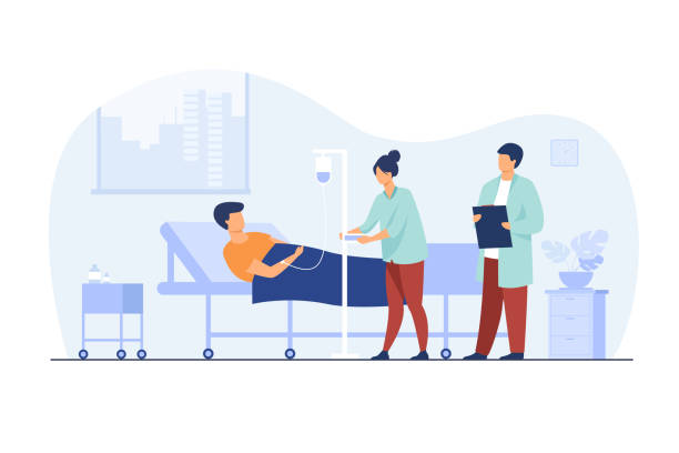 Patient lying in bed during intensive therapy Patient lying in bed during intensive therapy isolated flat vector illustration. Cartoon doctor with clipboard and nurse with dropper. Hospital room, therapy and healthcare concept hospital patient bed nurse stock illustrations
