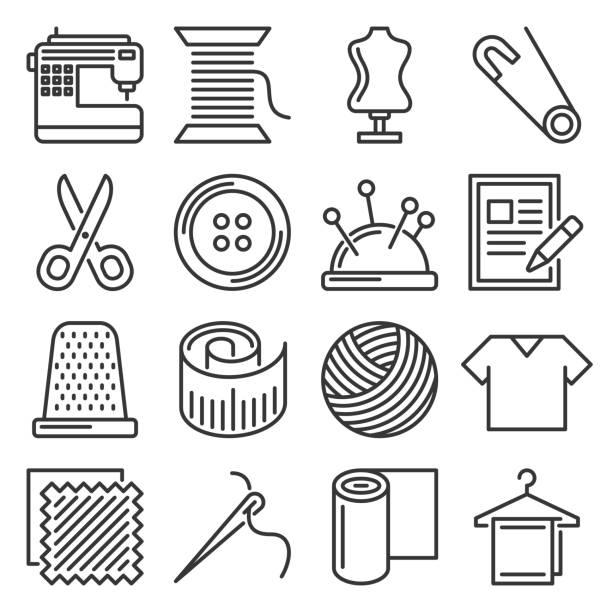 illustrations, cliparts, dessins animés et icônes de ensemble d’icônes de couture sur mesure et tricot. vecteur - sewing tailor thread sewing kit