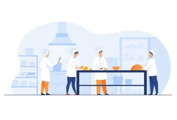 Vector illustration of Chefs, cooks and waiters working at restaurant kitchen